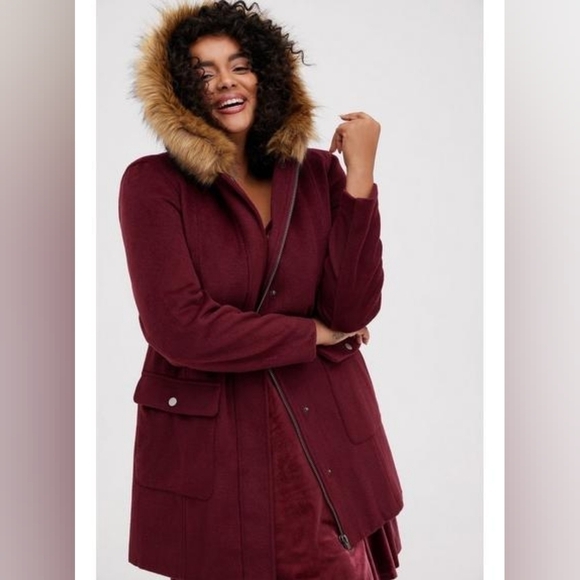 Torrid Wool Zip Front Fur Trim Coat Size 00 Medium 10 - Picture 4 of 9
